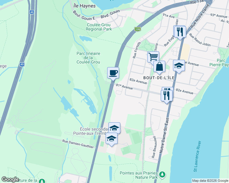 map of restaurants, bars, coffee shops, grocery stores, and more near 15500 Rue Sherbrooke Est in Estate