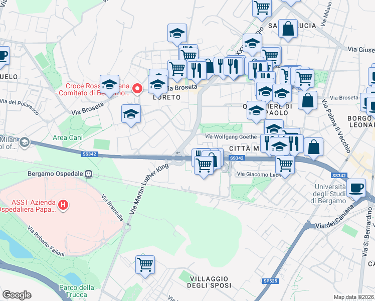 map of restaurants, bars, coffee shops, grocery stores, and more near 8 Via Salvo D'Acquisto in Bergamo