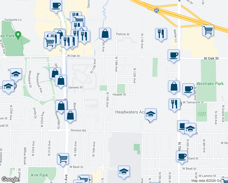 map of restaurants, bars, coffee shops, grocery stores, and more near 1079 North 14th Street in Bozeman