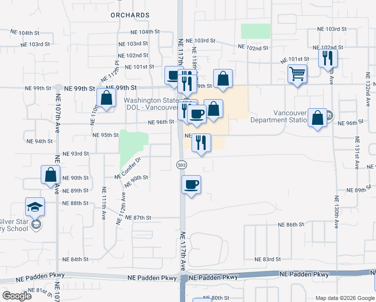 map of restaurants, bars, coffee shops, grocery stores, and more near 11719 Northeast 95th Street in Vancouver
