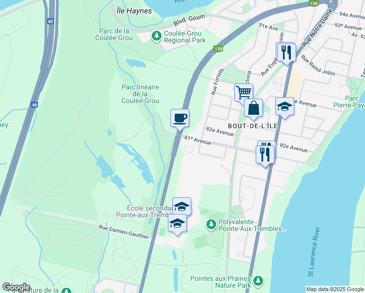 map of restaurants, bars, coffee shops, grocery stores, and more near 15500 Rue Sherbrooke Est in Estate