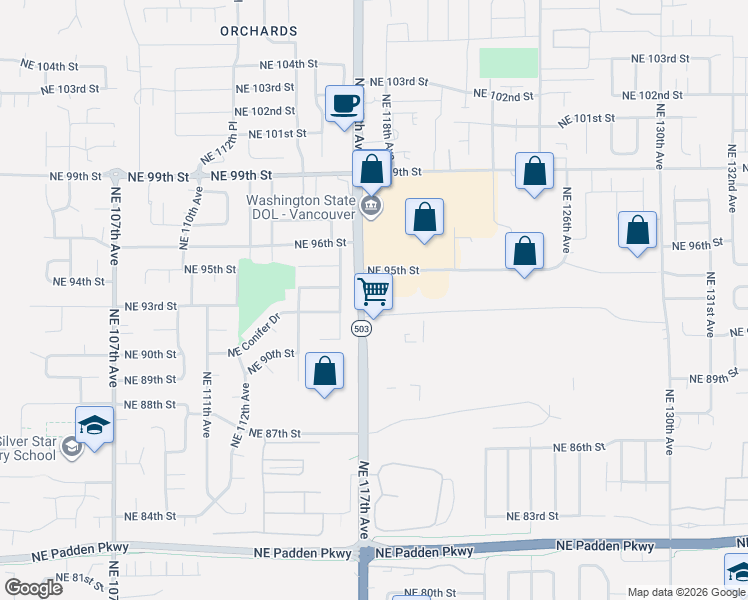map of restaurants, bars, coffee shops, grocery stores, and more near 11719 Northeast 95th Street in Vancouver