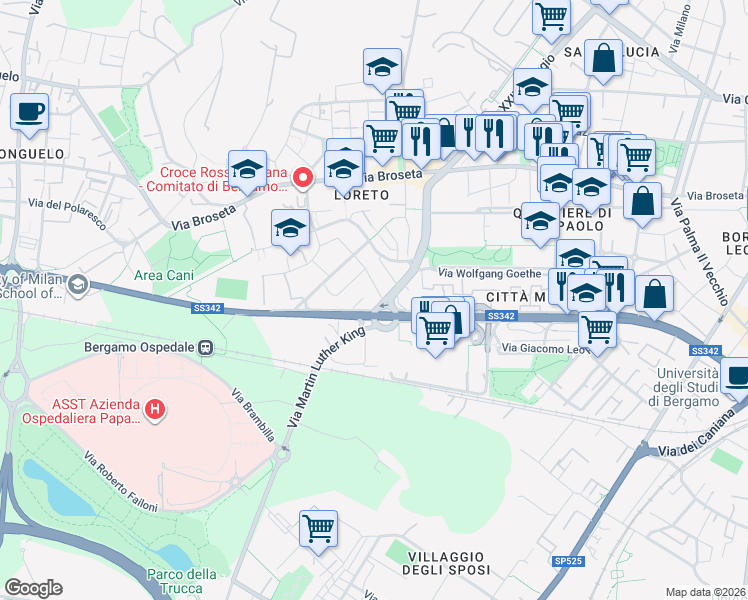 map of restaurants, bars, coffee shops, grocery stores, and more near 2-8 Via Salvo D'Acquisto in Bergamo