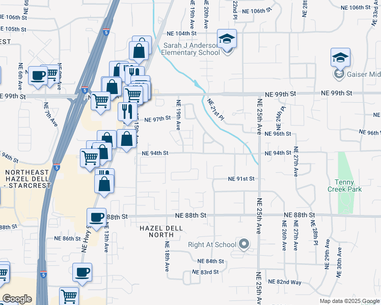 map of restaurants, bars, coffee shops, grocery stores, and more near 1904 Northeast 94th Street in Vancouver