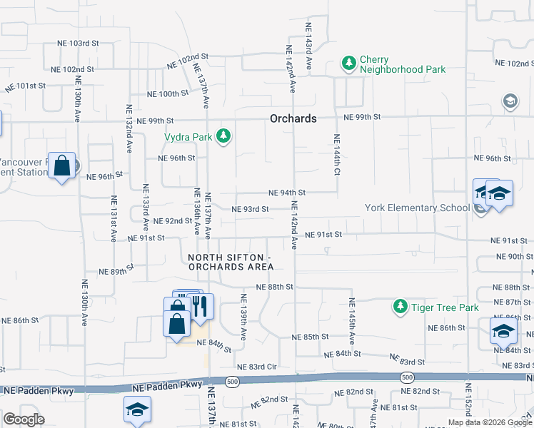 map of restaurants, bars, coffee shops, grocery stores, and more near 14002 Northeast 93rd Street in Vancouver
