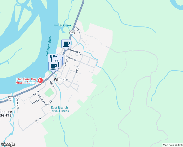 map of restaurants, bars, coffee shops, grocery stores, and more near 172 5th Street in Wheeler