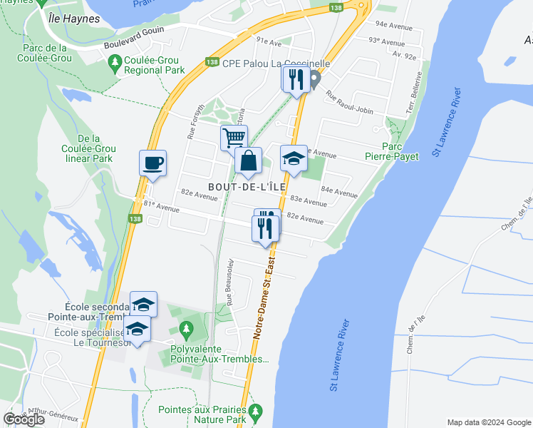 map of restaurants, bars, coffee shops, grocery stores, and more near 532 82e Avenue in Montréal