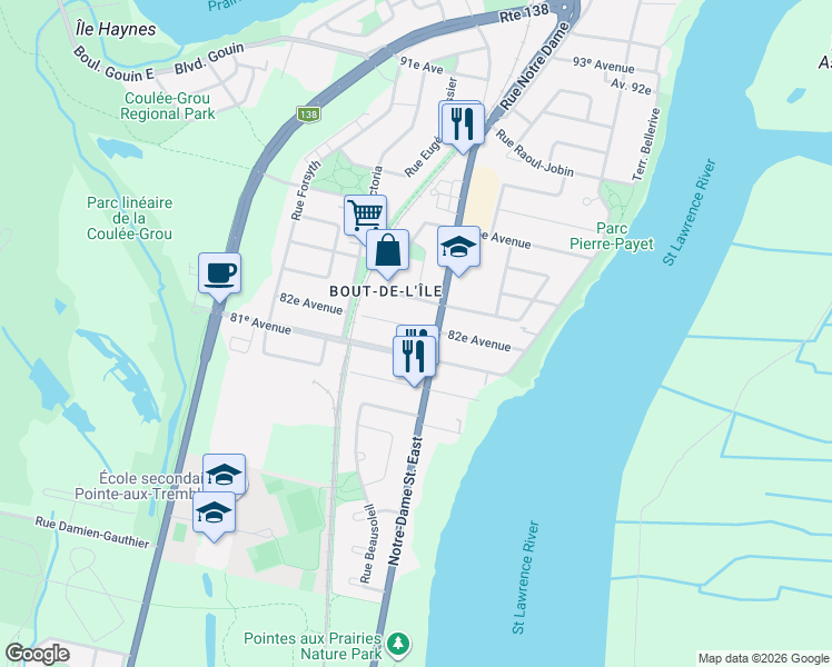 map of restaurants, bars, coffee shops, grocery stores, and more near 532 82e Avenue in Montréal