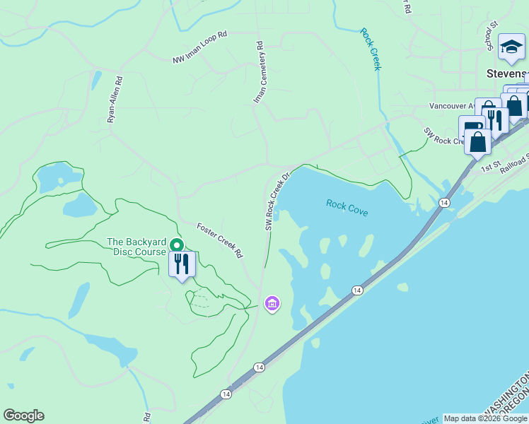 map of restaurants, bars, coffee shops, grocery stores, and more near 305 Southwest Attwell Road in Stevenson