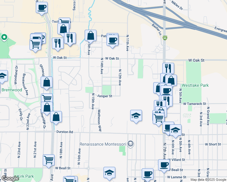 map of restaurants, bars, coffee shops, grocery stores, and more near 1064 Oak Park Drive in Bozeman