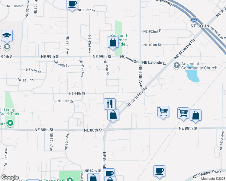 map of restaurants, bars, coffee shops, grocery stores, and more near 4507 Northeast 95th Street in Vancouver
