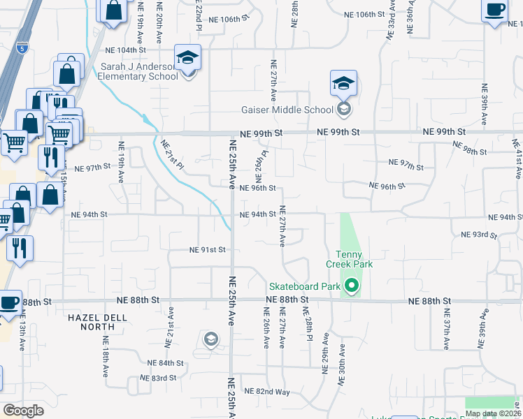 map of restaurants, bars, coffee shops, grocery stores, and more near 2600 Northeast 94th Street in Vancouver