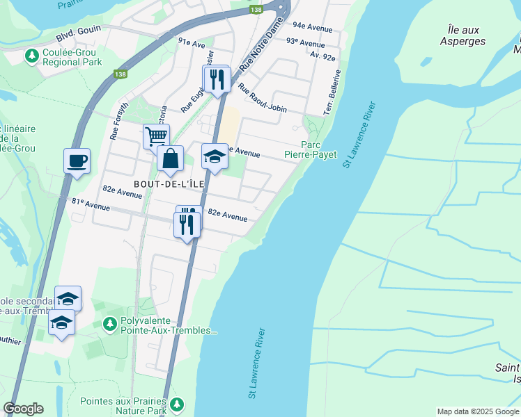 map of restaurants, bars, coffee shops, grocery stores, and more near 15635 Rue Bellerive in Montréal