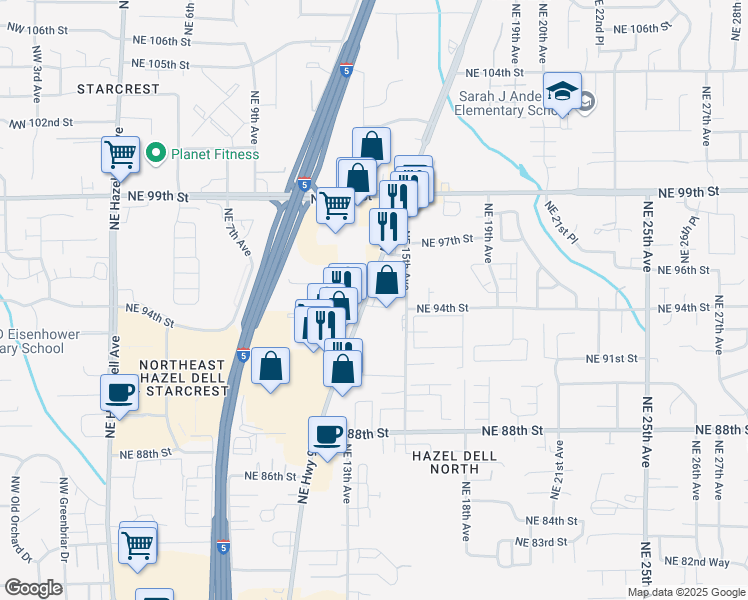 map of restaurants, bars, coffee shops, grocery stores, and more near 9321 Pacific Highway in Vancouver