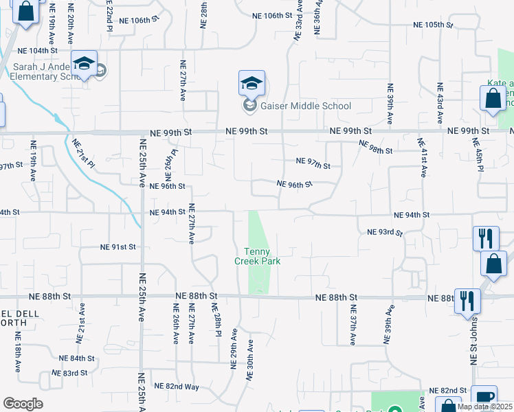 map of restaurants, bars, coffee shops, grocery stores, and more near 3112 Northeast 94th Way in Vancouver