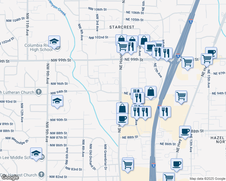 map of restaurants, bars, coffee shops, grocery stores, and more near 104 Northeast 94th Street in Vancouver