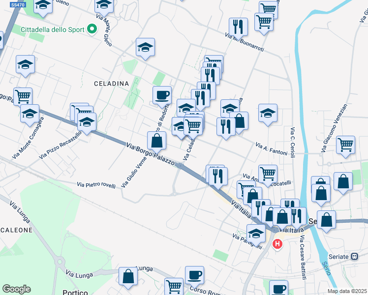 map of restaurants, bars, coffee shops, grocery stores, and more near in Bergamo
