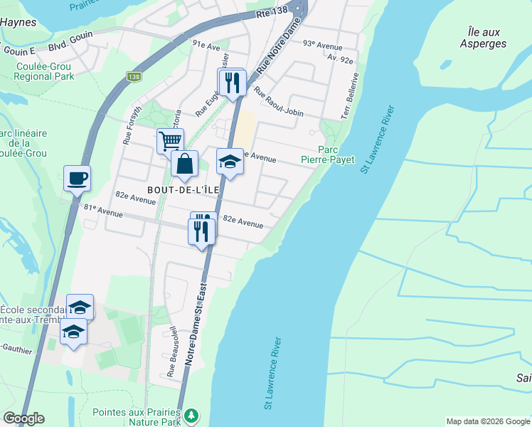 map of restaurants, bars, coffee shops, grocery stores, and more near 30 83e Avenue in Montréal