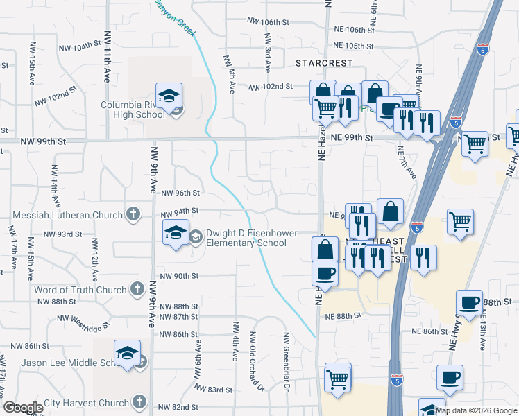 map of restaurants, bars, coffee shops, grocery stores, and more near 302 NW 94th St in Vancouver