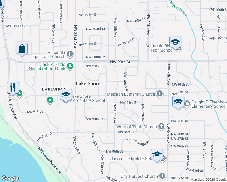 map of restaurants, bars, coffee shops, grocery stores, and more near 1505 Northwest 95th Circle in Vancouver