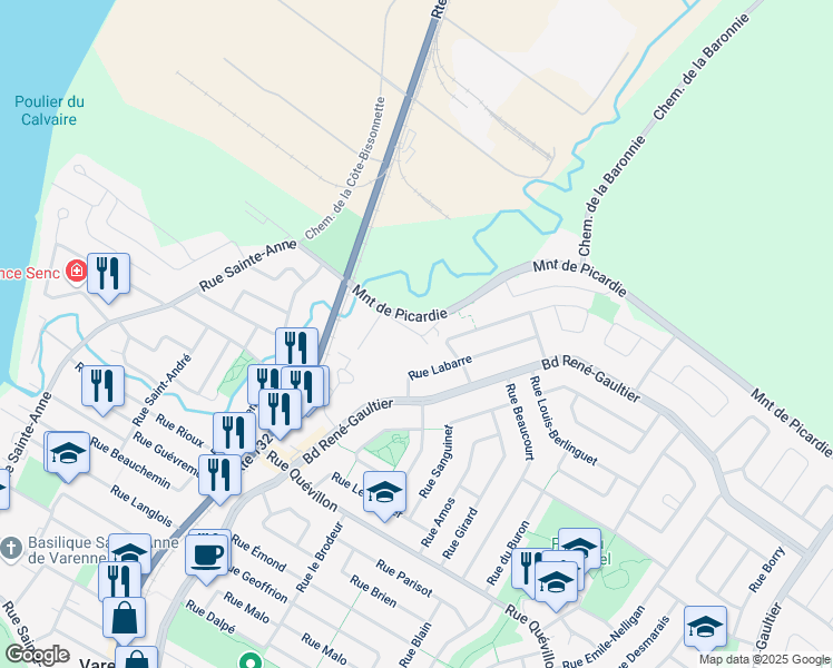 map of restaurants, bars, coffee shops, grocery stores, and more near Rue Riendeau in Varennes