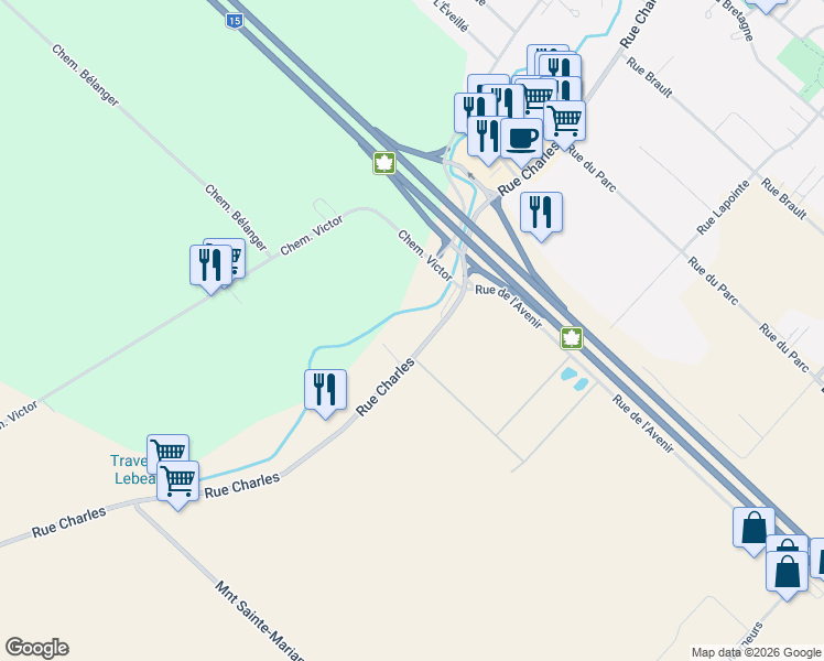 map of restaurants, bars, coffee shops, grocery stores, and more near 17315 Chemin Charles in Mirabel