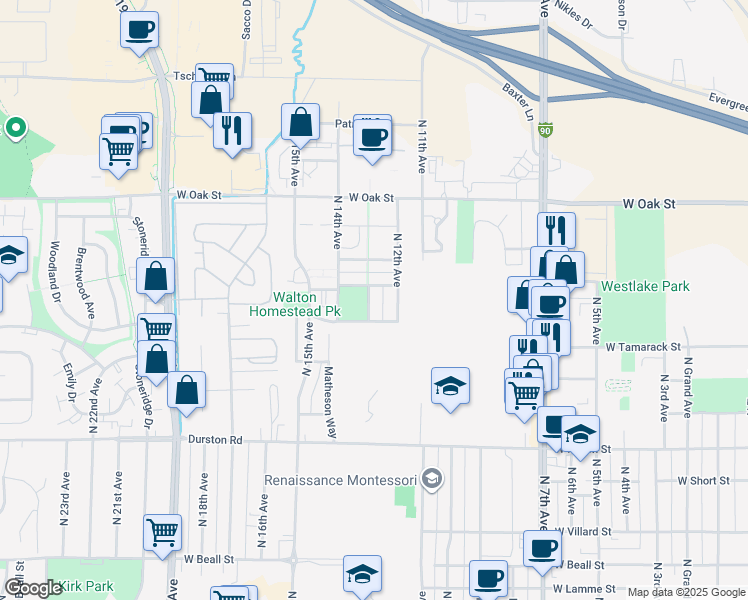 map of restaurants, bars, coffee shops, grocery stores, and more near 1064 Oak Park Drive in Bozeman