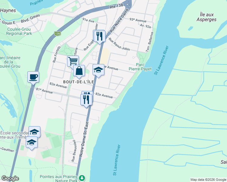 map of restaurants, bars, coffee shops, grocery stores, and more near 30 83e Avenue in Montréal