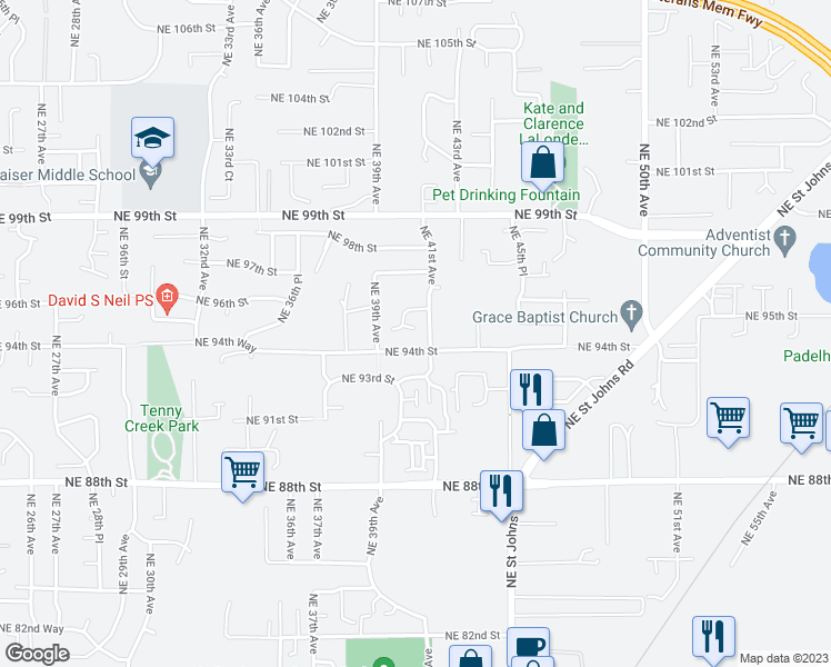 map of restaurants, bars, coffee shops, grocery stores, and more near 3903 Northeast 95th Circle in Vancouver