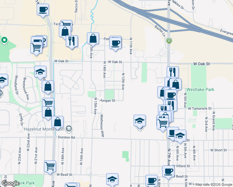map of restaurants, bars, coffee shops, grocery stores, and more near 1064 Oak Park Drive in Bozeman
