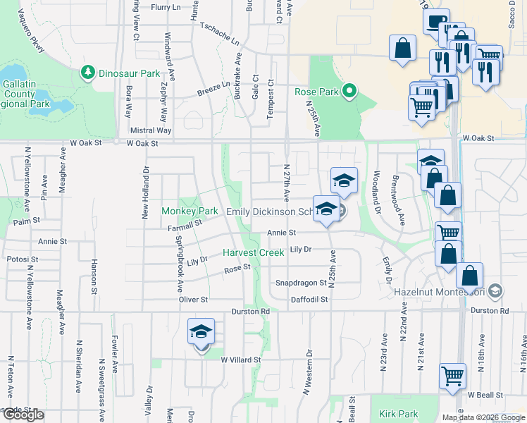 map of restaurants, bars, coffee shops, grocery stores, and more near 2711 Daisy Drive in Bozeman