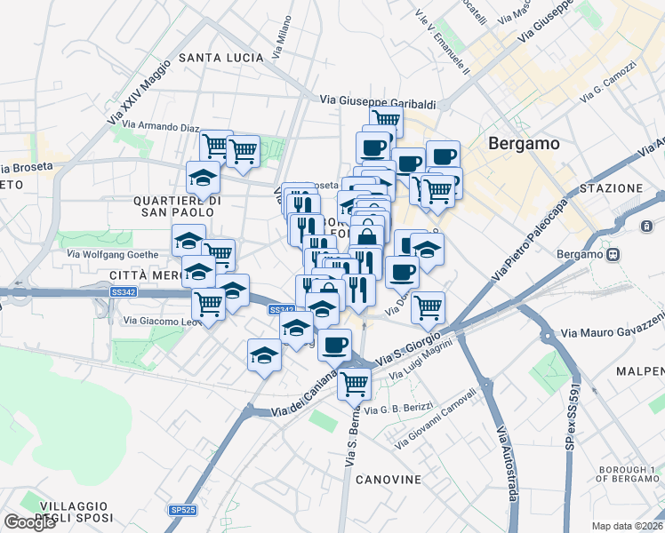 map of restaurants, bars, coffee shops, grocery stores, and more near 172 Via Gianbattista Moroni in Bergamo