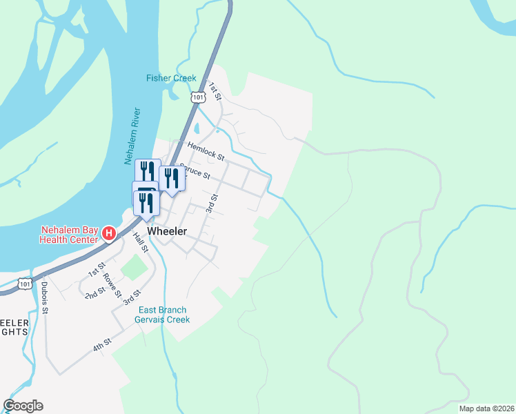 map of restaurants, bars, coffee shops, grocery stores, and more near Cedar Street in Wheeler