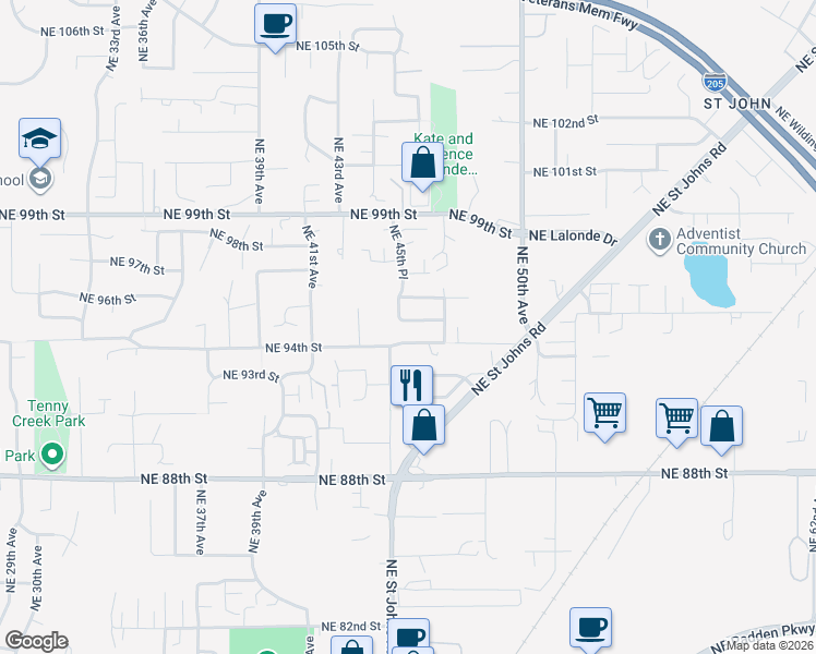 map of restaurants, bars, coffee shops, grocery stores, and more near 4507 NE 95th St in Vancouver