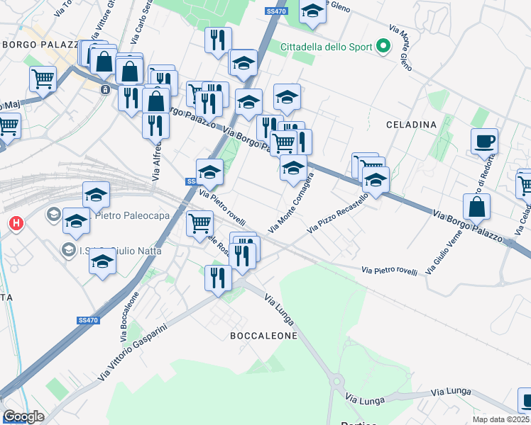 map of restaurants, bars, coffee shops, grocery stores, and more near 14 Via Leone Tolstoj in Bergamo