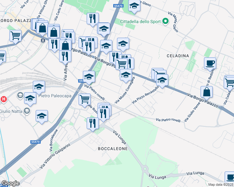 map of restaurants, bars, coffee shops, grocery stores, and more near 14 Via Leone Tolstoj in Bergamo