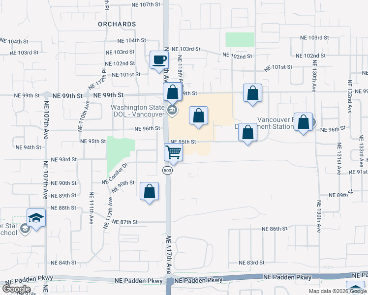 map of restaurants, bars, coffee shops, grocery stores, and more near 11719 Northeast 95th Street in Vancouver