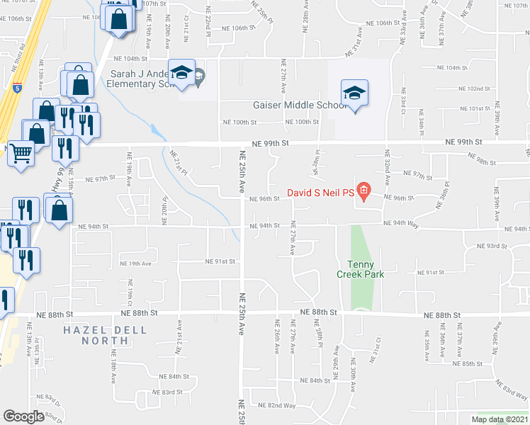 map of restaurants, bars, coffee shops, grocery stores, and more near 2600 Northeast 94th Street in Vancouver