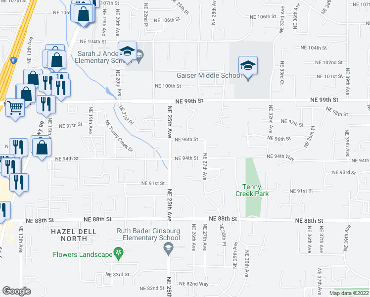 map of restaurants, bars, coffee shops, grocery stores, and more near 2600 Northeast 94th Street in Vancouver