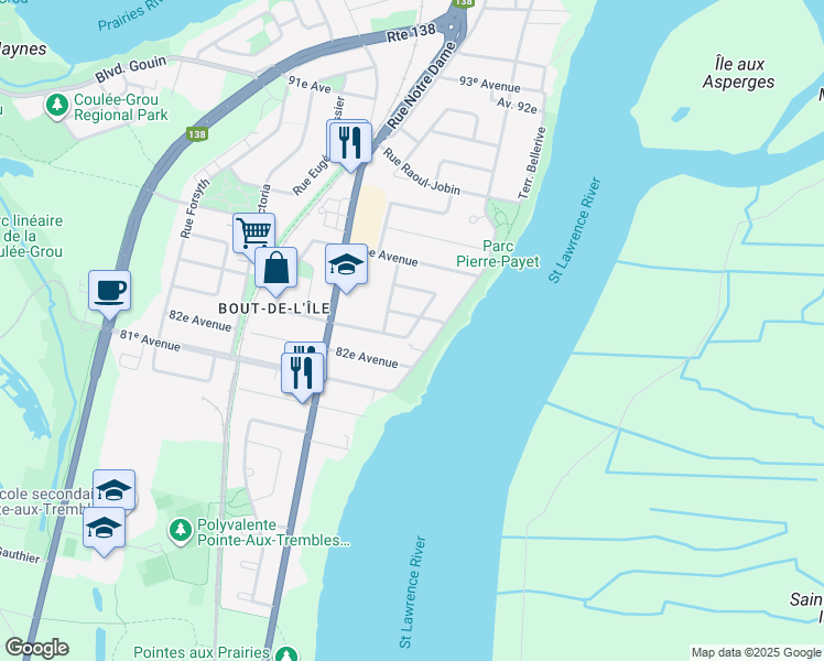 map of restaurants, bars, coffee shops, grocery stores, and more near 15666 Rue Nicolas Gervais in Montreal