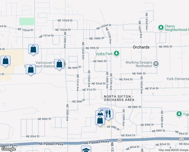 map of restaurants, bars, coffee shops, grocery stores, and more near 13313 Northeast 93rd Circle in Vancouver