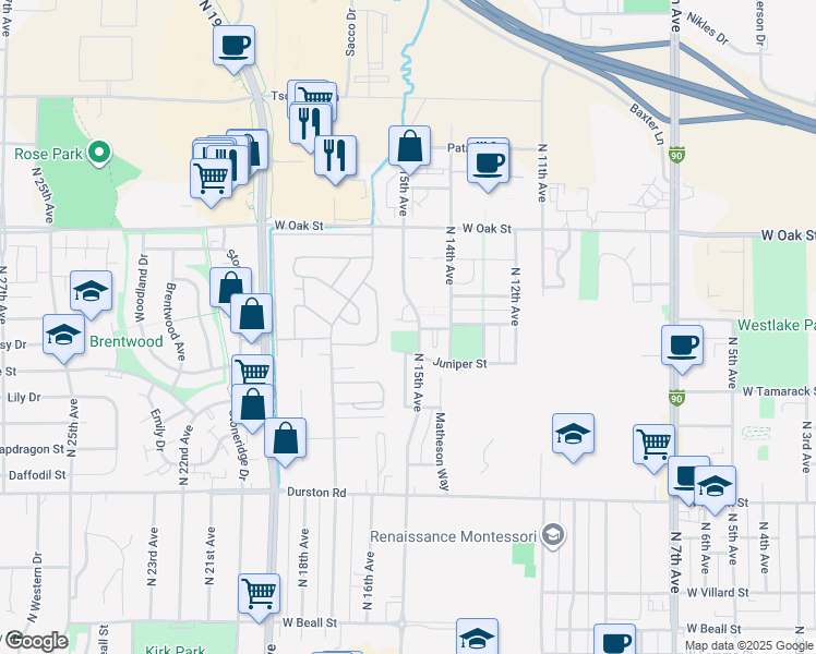 map of restaurants, bars, coffee shops, grocery stores, and more near 1095 North 15th Avenue in Bozeman