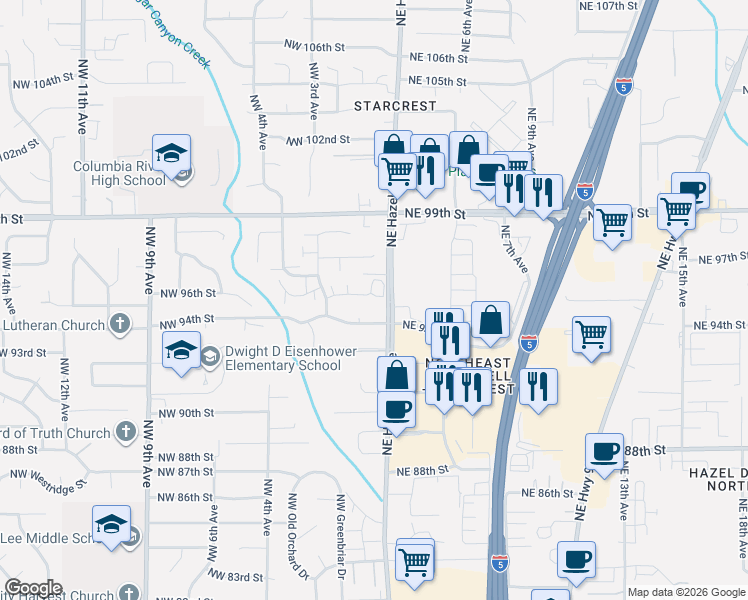 map of restaurants, bars, coffee shops, grocery stores, and more near 103 Northwest 95th Circle in Vancouver