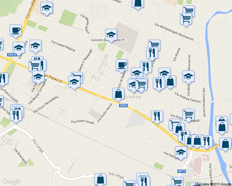 map of restaurants, bars, coffee shops, grocery stores, and more near 27 Via Pizzo di Redorta in Bergamo