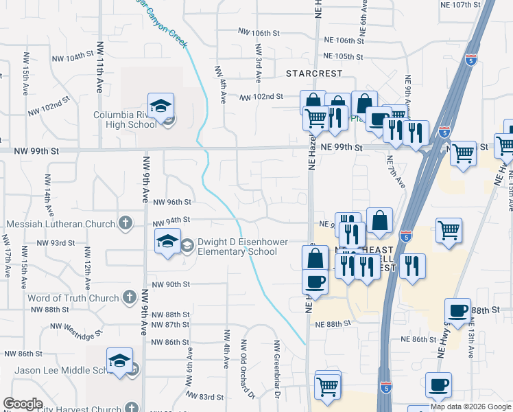map of restaurants, bars, coffee shops, grocery stores, and more near 302 Northwest 94th Street in Vancouver