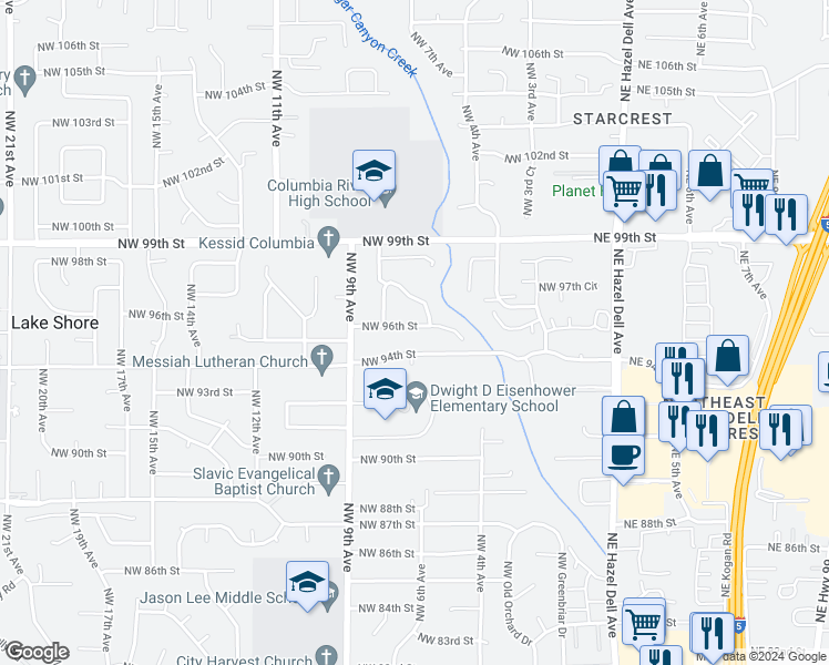 map of restaurants, bars, coffee shops, grocery stores, and more near 611 Northwest 96th Street in Vancouver