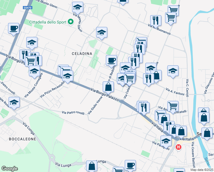 map of restaurants, bars, coffee shops, grocery stores, and more near 27 Via Pizzo di Redorta in Bergamo