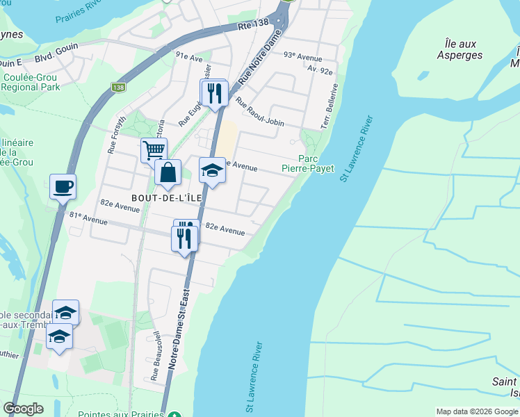 map of restaurants, bars, coffee shops, grocery stores, and more near 46 84e Avenue in Montréal