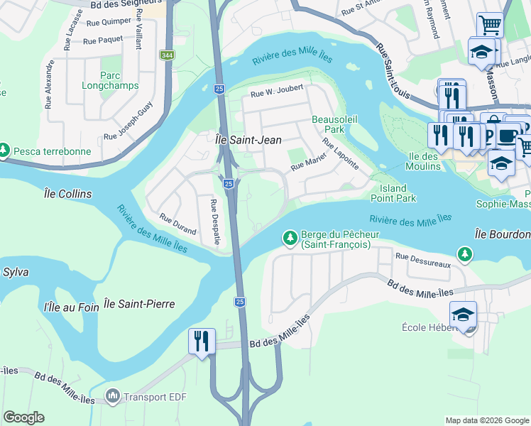 map of restaurants, bars, coffee shops, grocery stores, and more near 70 Boulevard J. S. Archambault in Terrebonne