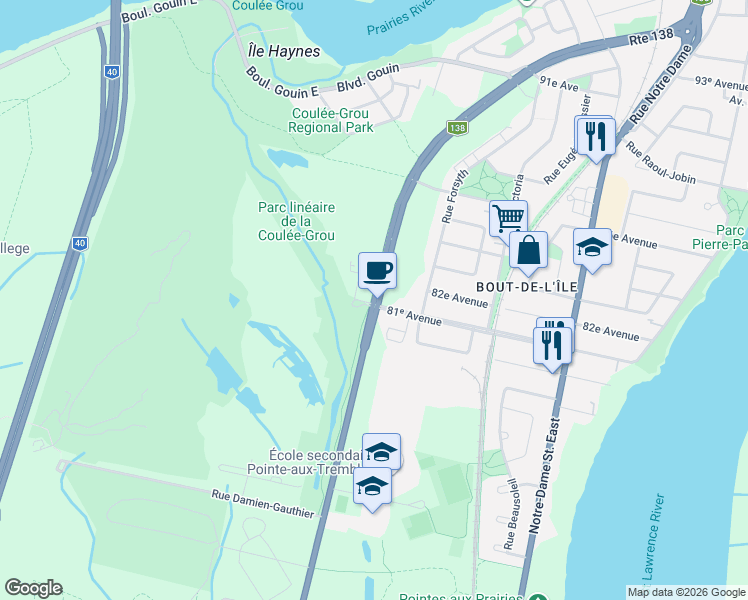 map of restaurants, bars, coffee shops, grocery stores, and more near 15553 Rue Sherbrooke Est in Montréal